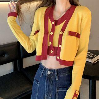 Contrast Trim Crop Tank Top / Cardigan