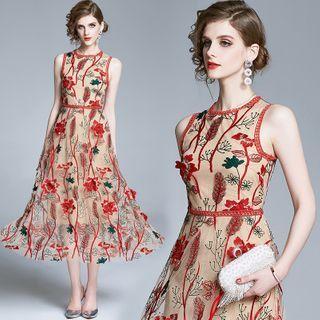 Sleeveless Floral Embroidered A-line Midi Dress