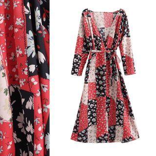 Floral Print Long Sleeve Maxi Dress With Sash