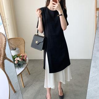 Round-neck Ruffle-hem Color-block Dress
