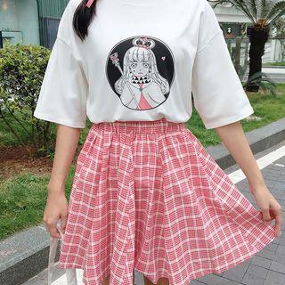 Elbow-sleeve Print T-shirt / Plaid A-line Skirt