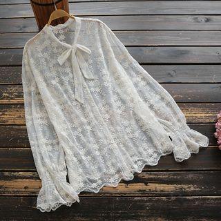 Tie-neck Flared-cuff Lace Top