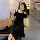Short-sleeve Cold Shoulder Polka Dot Chiffon A-line Dress