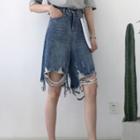 Distressed Loose-fit Washed Denim Shorts