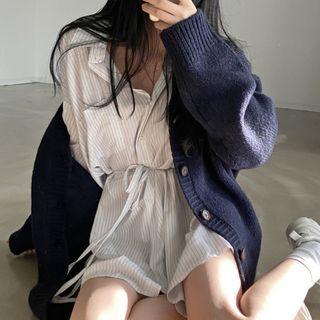 Pocket Front Pinstripe Oversized Shirt Dress Stripe - White - One Size