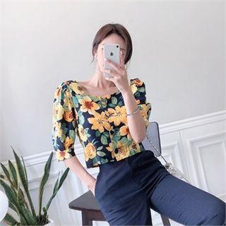 Floral Print Linen Blend Cropped Blouse
