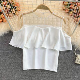 Mesh Panel Ruffled Cold-shoulder Top