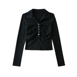 Long-sleeve Collared Shirred Top