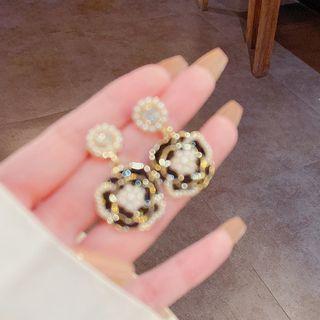 Rhinestone Floral Drop Earring E5084 - 1 Pair - Gold & Black & White - One Size