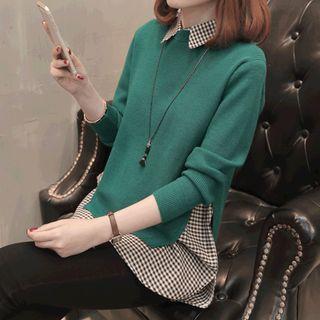 Mock Two-piece Collared Check Sweater