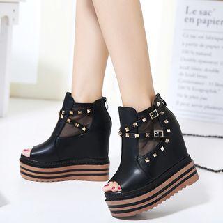 Studded Peep Toe Platform Ankle Boots