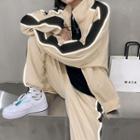 Set: Contrast Trim Zip-up Jacket + Drawstring-cuff Sweatpants