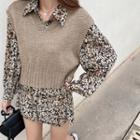 V-neck Vest / Harem Pants / Long-sleeve Printed Shirt / Set