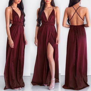Spaghetti Strap Open-back Slit Maxi Dress