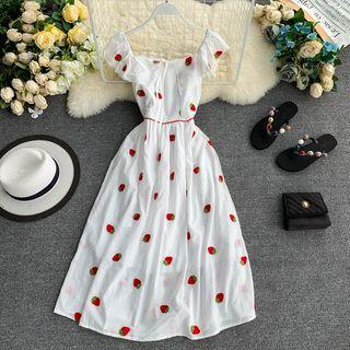 Strawberry Embroidered Off-shoulder A-line Dress