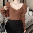 Puff-sleeve Knit Top Brown - One Size