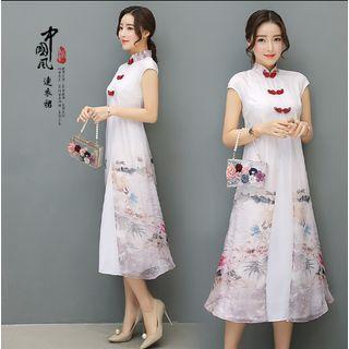 Panel Cap-sleeve Mandarin Collar A-line Dress
