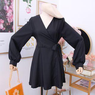 Ribbon-waist V-neck Mini Dress