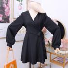 Ribbon-waist V-neck Mini Dress