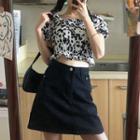 Puff-sleeve Leopard Print Blouse / A-line Denim Skirt