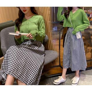 Set: Knit Long-sleeve Top + Plaid Dress