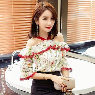 Cutout Shoulder Floral Print Elbow-sleeve Top