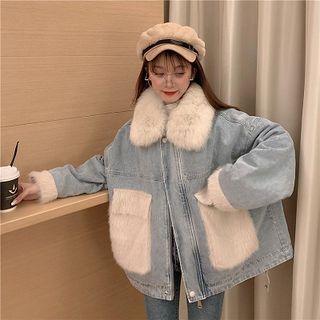 Furry Panel Denim Coat
