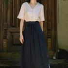 Set: Elbow-sleeve V-neck Blouse + Midi A-line Skirt