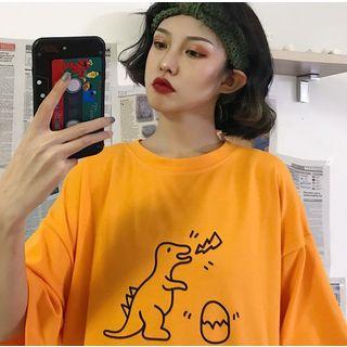 Couple Matching Short-sleeve Dinosaur Print T-shirt Orange - One Size