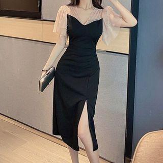 Faux Pearl Short-sleeve Sheath Dress