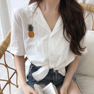 Short-sleeve Pineapple Embroidery Shirt White - One Size