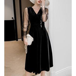 V-neck Mesh Sleeve Velvet Dress