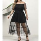 Short-sleeve Off-shoulder Midi A-line Chiffon Dress
