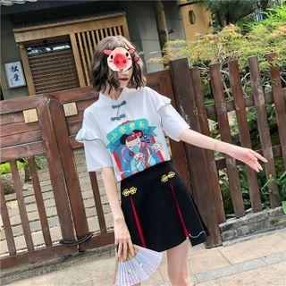 Short-sleeve Mandarin Collar Print T-shirt