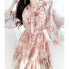 Balloon-sleeve Pattern Dress With Sash Pink - One Size