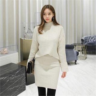 Set: Mock-neck Loose-fit Sweater + Mini Knit Skirt