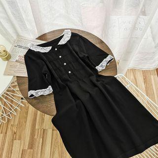 Lace-collar Short-sleeve Knit Dress Black - One Size
