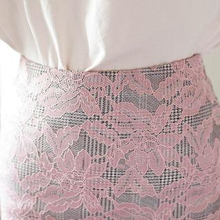 Lace-overlay Glen-plaid H-line Skirt
