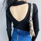 Cutout-back Long-sleeve Knit Top Black - One Size