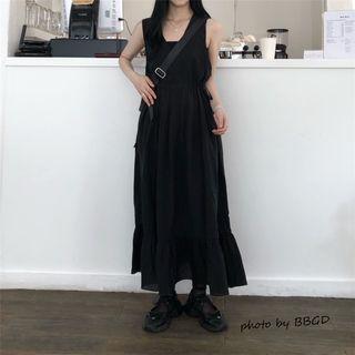 Sleeveless Drawstring Waist Maxi A-line Dress Black - One Size