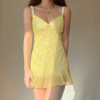 Spaghetti Strap V-neck Bow Accent Mesh Ruffled-hem Mini Dress