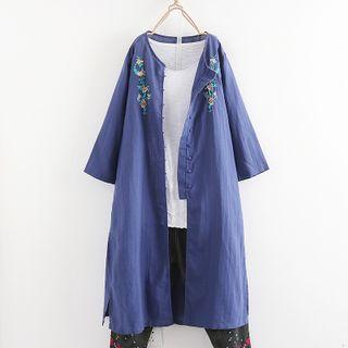 Floral Embroidered Frog Buttoned Jacket Navy Blue - One Size