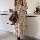 Floral Print Long-sleeve Layered Maxi A-line Dress As Shown In Figure - One Size