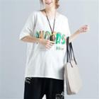 Elbow-sleeve Applique Lettering T-shirt White - One Size