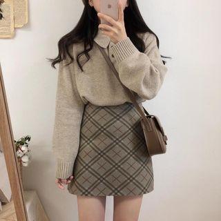 Polo Neck Sweater / Plaid A-line Mini Skirt