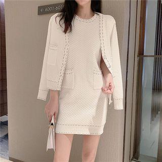 Button Jacket / Short-sleeve Mini Knit Dress / Short-sleeve Knit Top / Wide Leg Knit Pants / Set