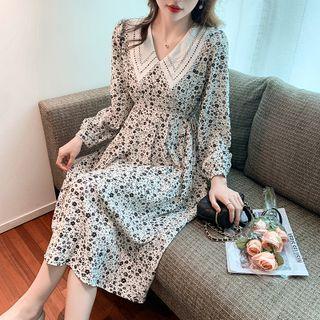 Puff Sleeve Lace Collar Floral Midi Dress
