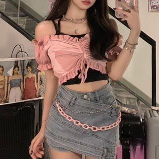 Ruffle Trim Two-tone Cropped T-shirt / Plain Camisole Top