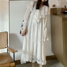 Bell-sleeve Lace Trim Midi Chiffon Dress White - One Size