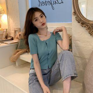 Square Neck Short Sleeve Knit Cropped Top